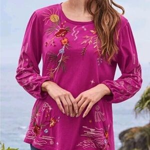 Johnny Was Keone Puff Long Sleeve Tee Shirt Embroidered Floral Magenta